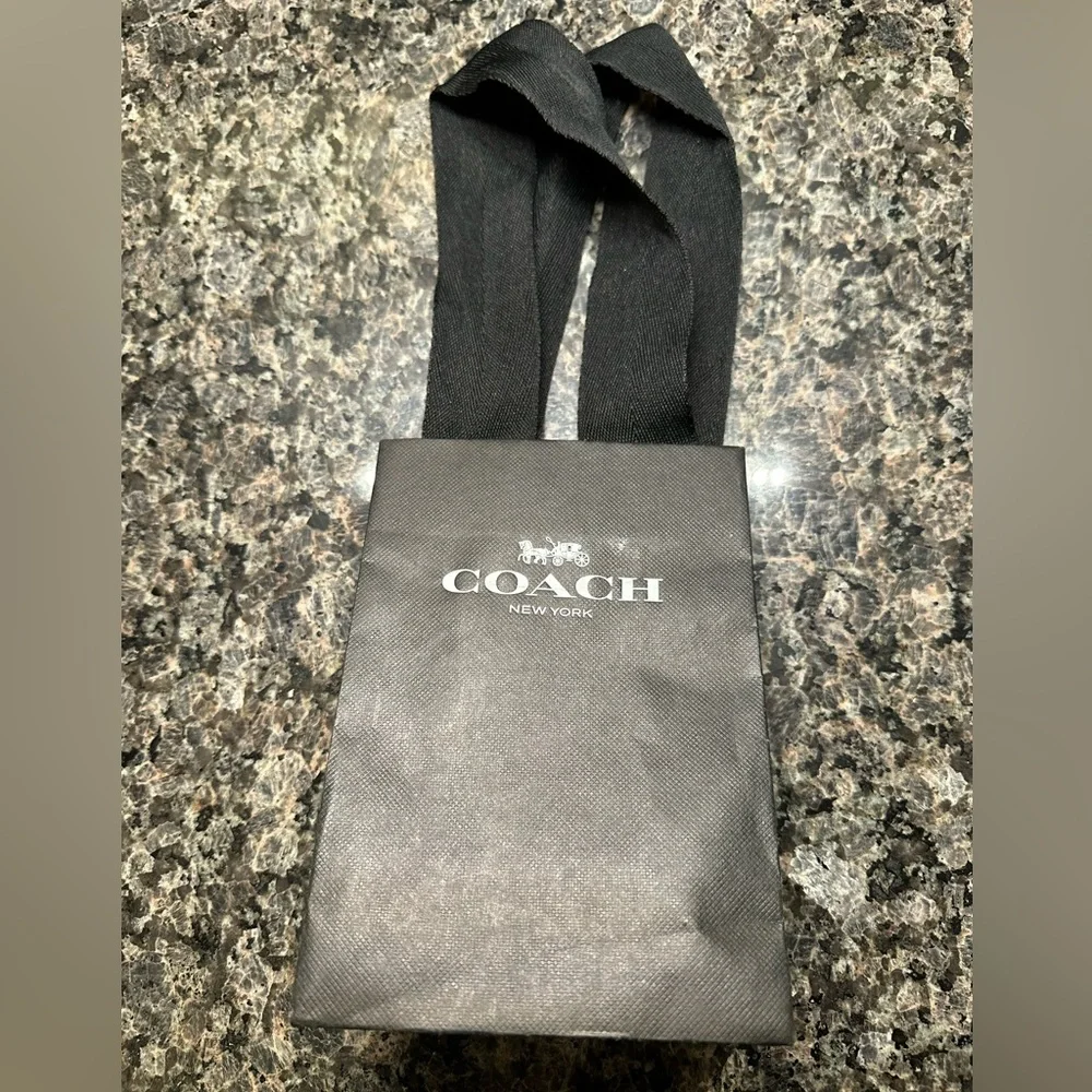 Coach paper bag with black fabric ribbon-like handles.